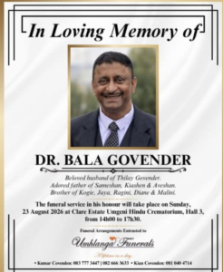 Dr Bala Govender Durban, SA Death-Obituary