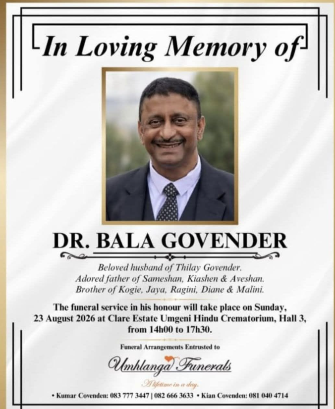 Dr Bala Govender Durban, SA Death-Obituary